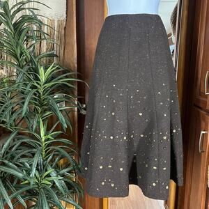 Coldwater Creek Embellished Wool Skirt XS Brown Twill Sequin A-Line Flouncy NWT
